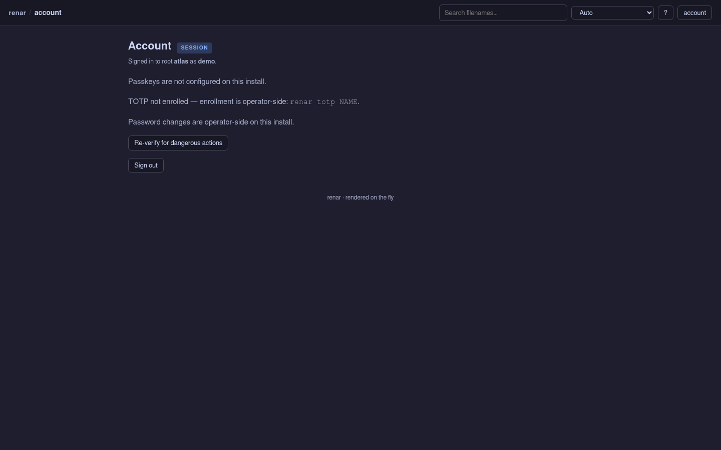 The renar account page showing the signed-in identity, its capability grants per root, and active sessions.