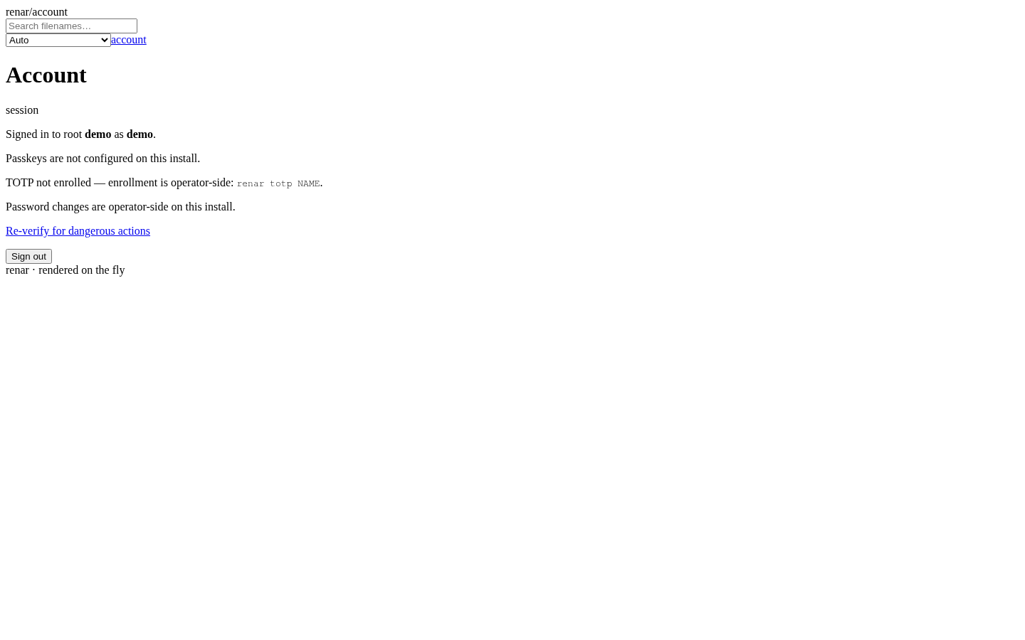 The Renar account page: credential management for the signed-in account, including passkey and password options.