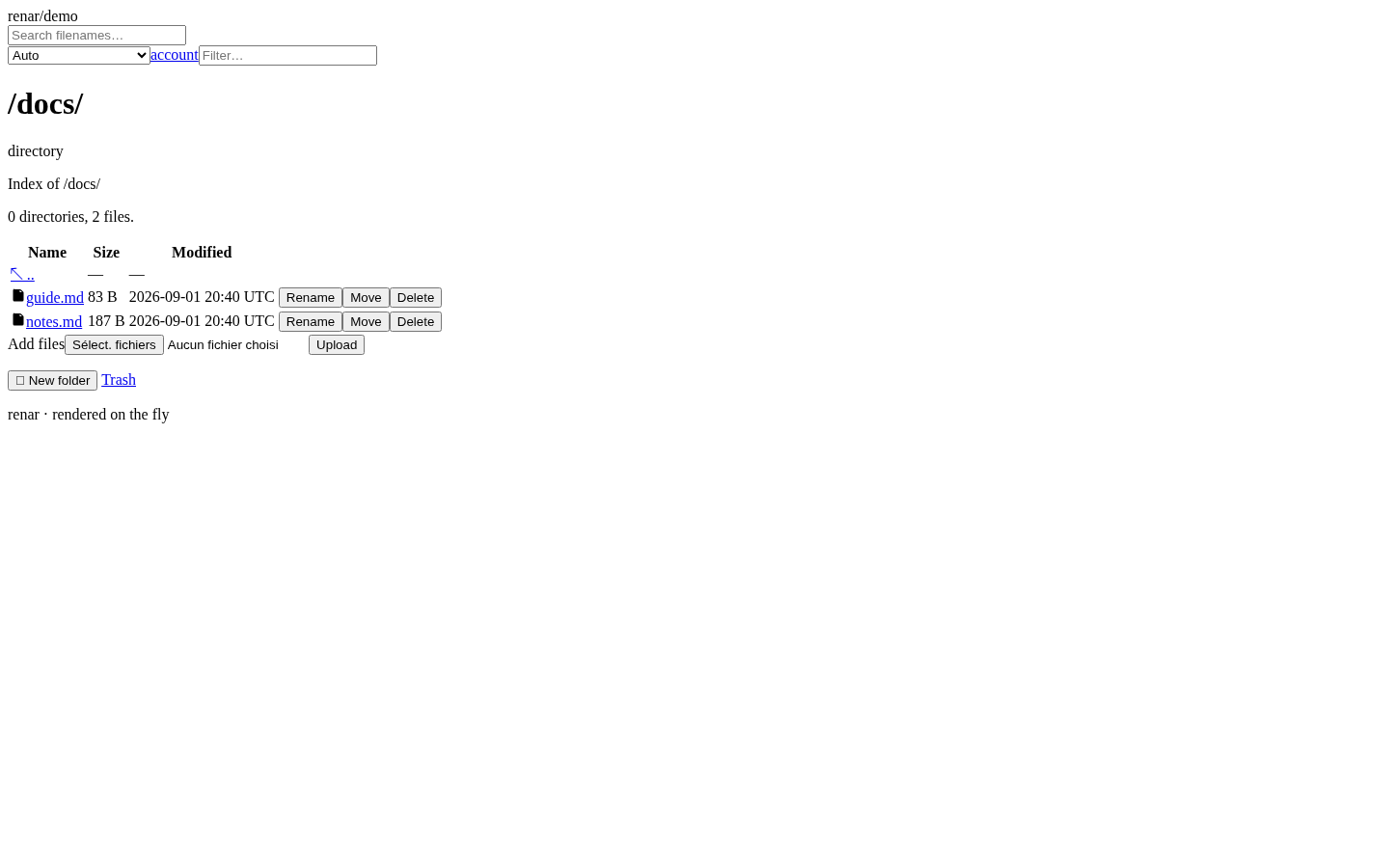 A Renar page for the docs subdirectory: breadcrumb at top, a large serif heading, and the directory's contents as a plain table with per-row actions.