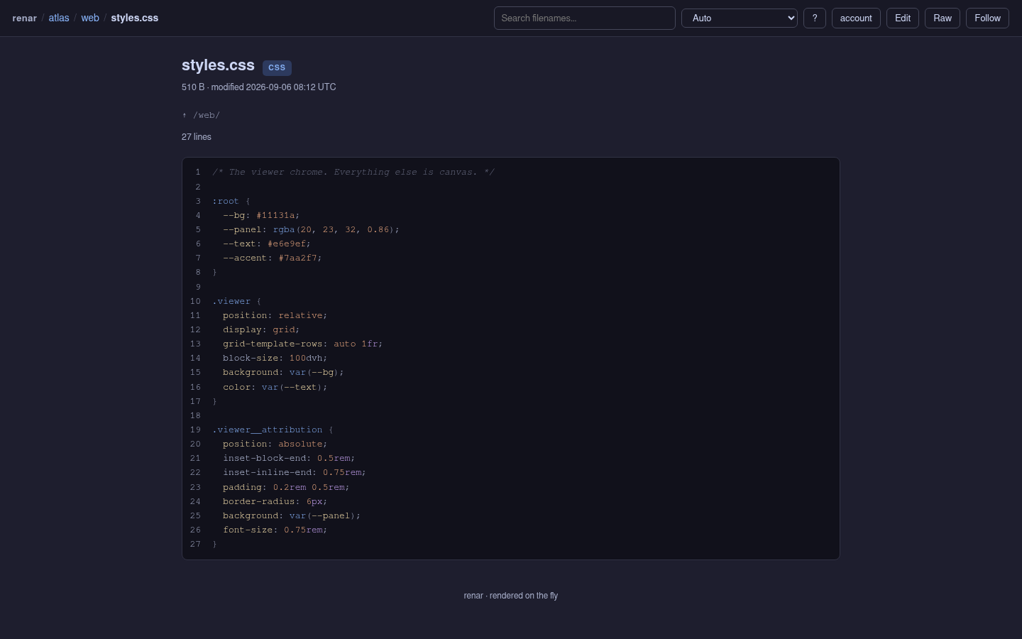 A CSS file rendered by renar with syntax highlighting and line numbers, rather than served as a raw stylesheet.