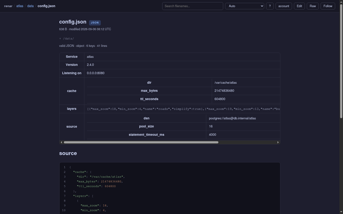 A JSON config in renar shown as key-and-value panel tables, with the pretty-printed, syntax-highlighted source beneath it.
