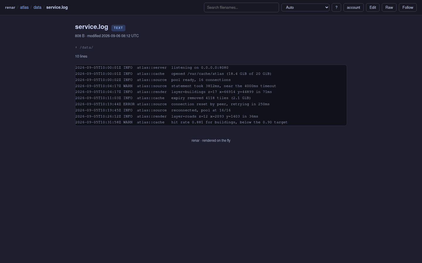 A service log rendered by renar in a monospaced block with ISO-8601 timestamps, level tags and module names aligned in columns.