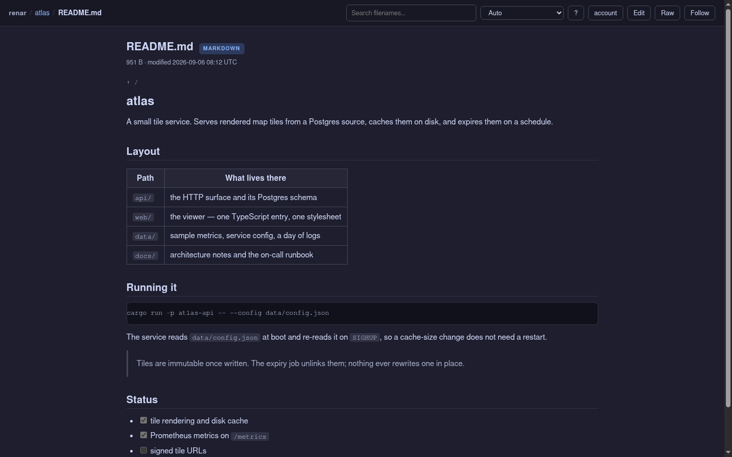 A README rendered by renar: headings, a bordered table of paths, a fenced shell command with syntax colouring, a block quote and a task list.