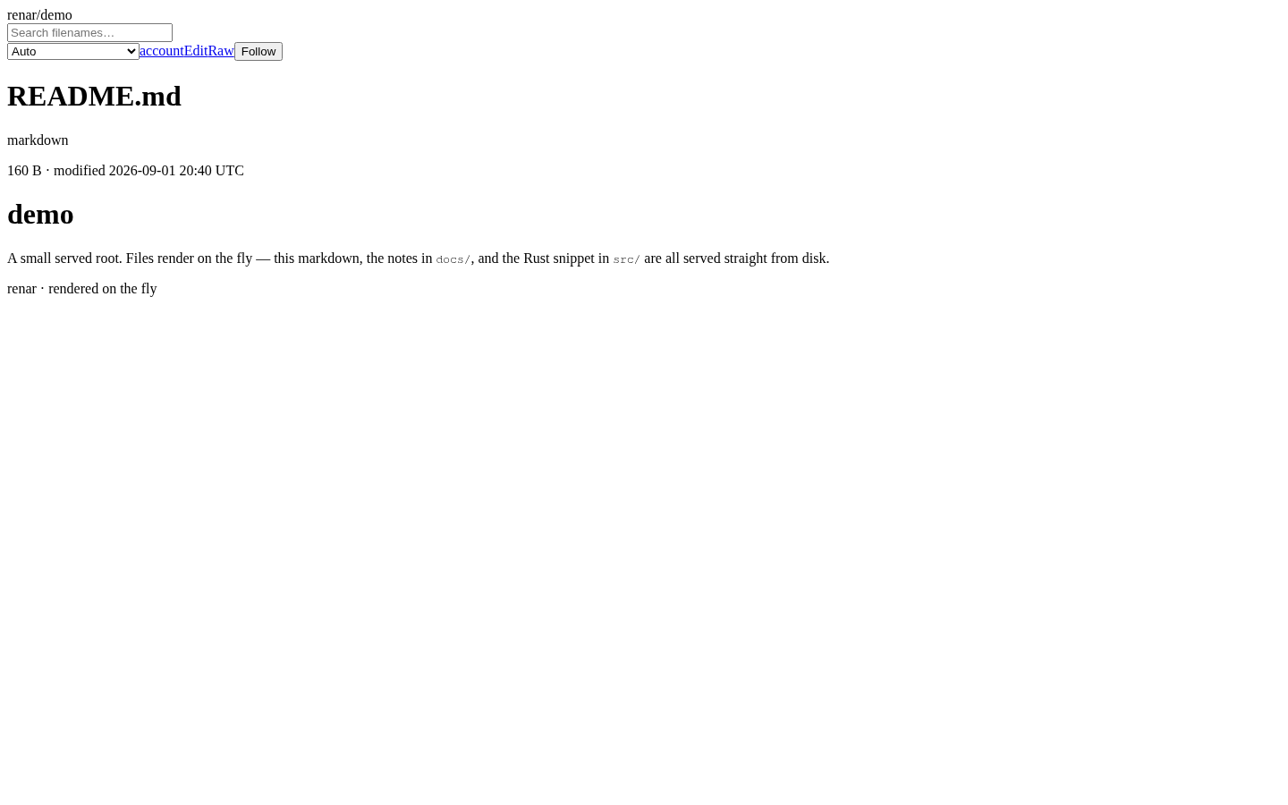 A markdown file rendered by Renar: the document body as styled HTML, with an edit form and a raw-bytes link available.