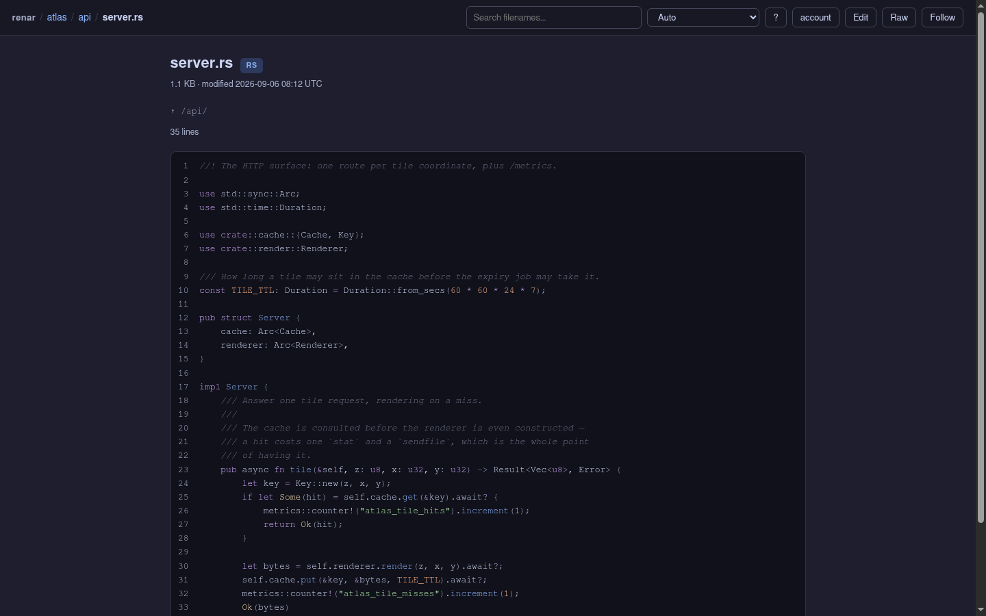 A Rust source file in renar with line numbers and syntax highlighting — keywords, strings, italic comments and doc comments in distinct colours.