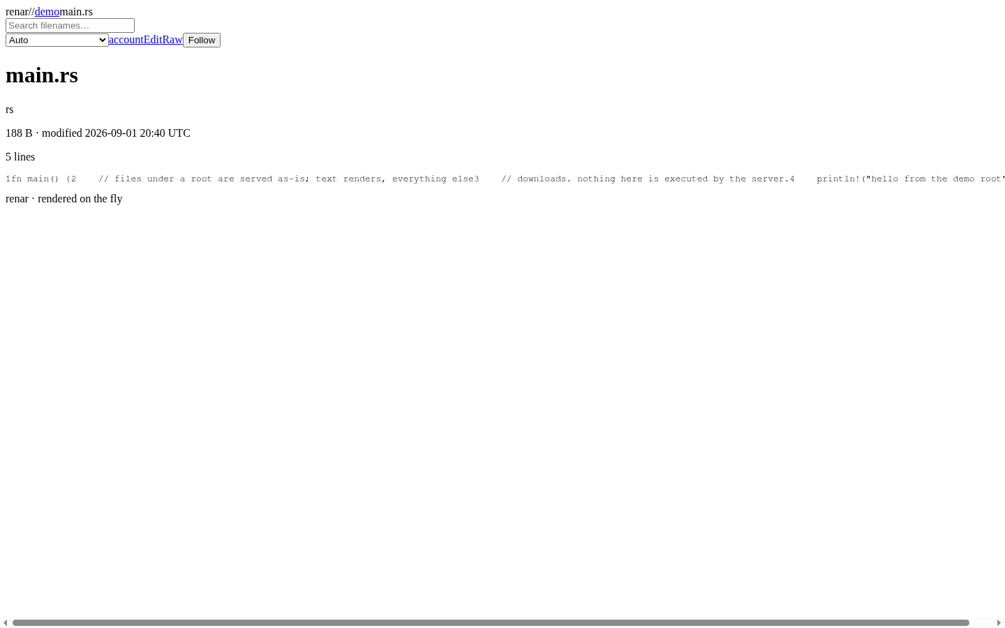 A Rust source file in Renar's code viewer: syntax-highlighted lines with line numbers, and an edit form below.