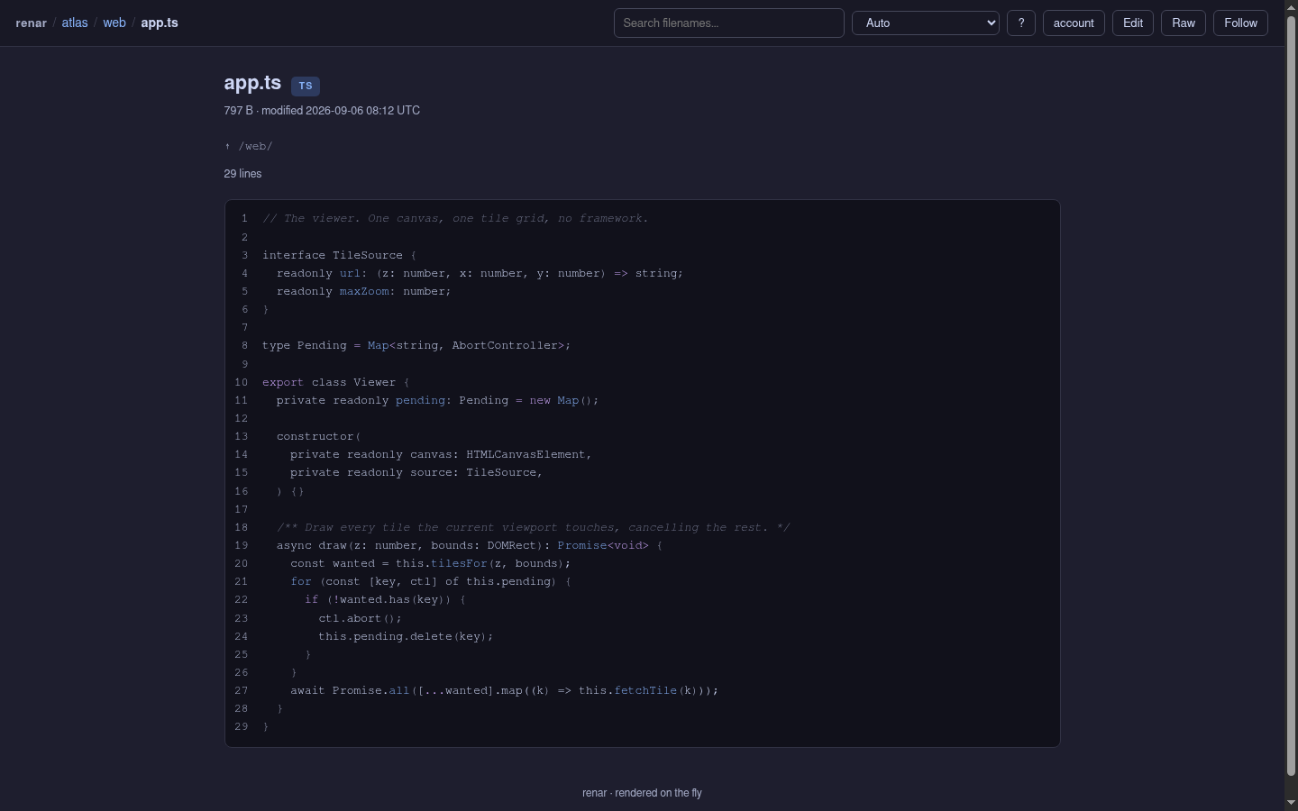 A TypeScript file in renar showing an interface declaration, a class and a generic type, syntax-highlighted with line numbers.