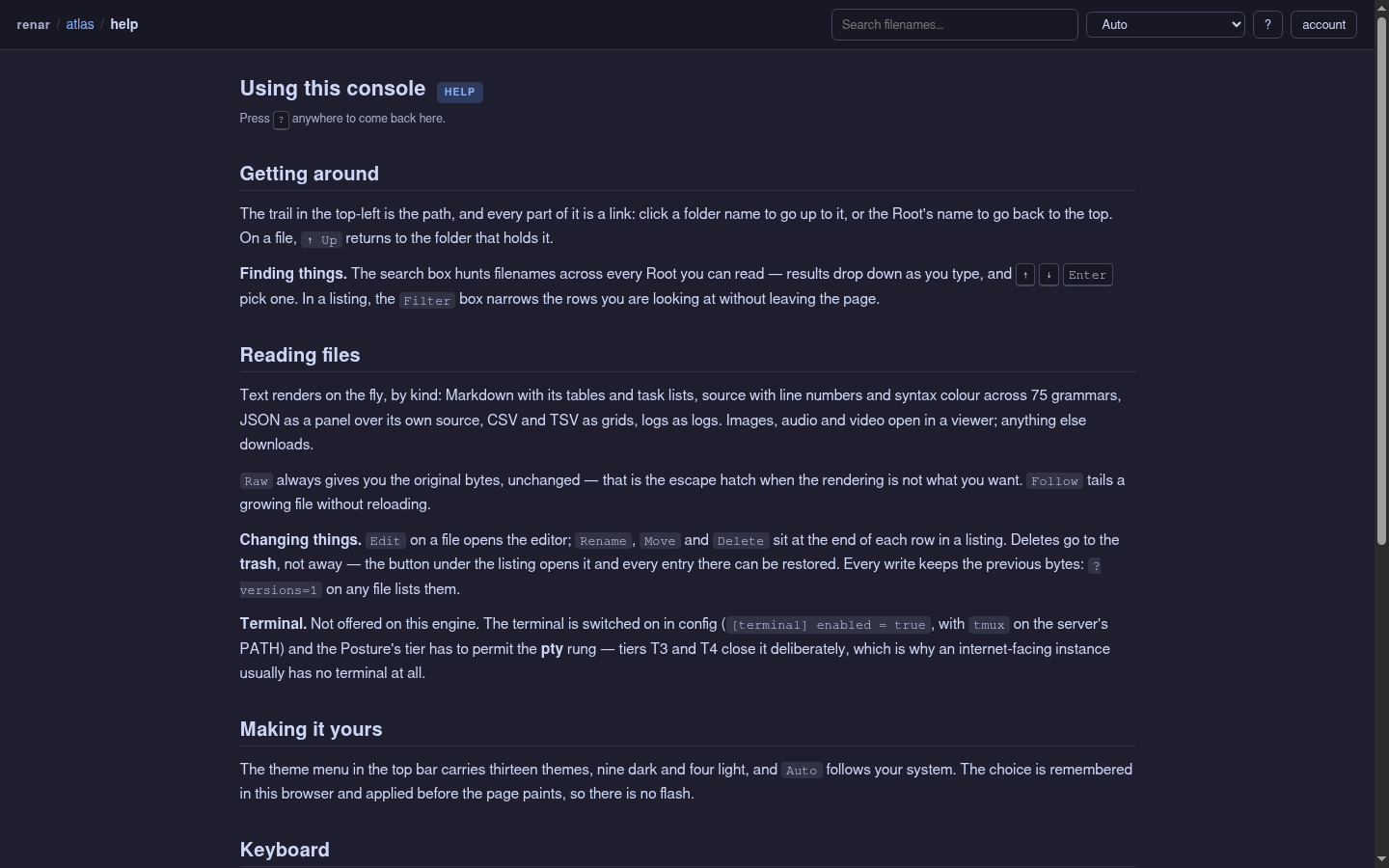 The renar help page: sections on getting around, reading files, changing things, themes and a keyboard shortcut table.