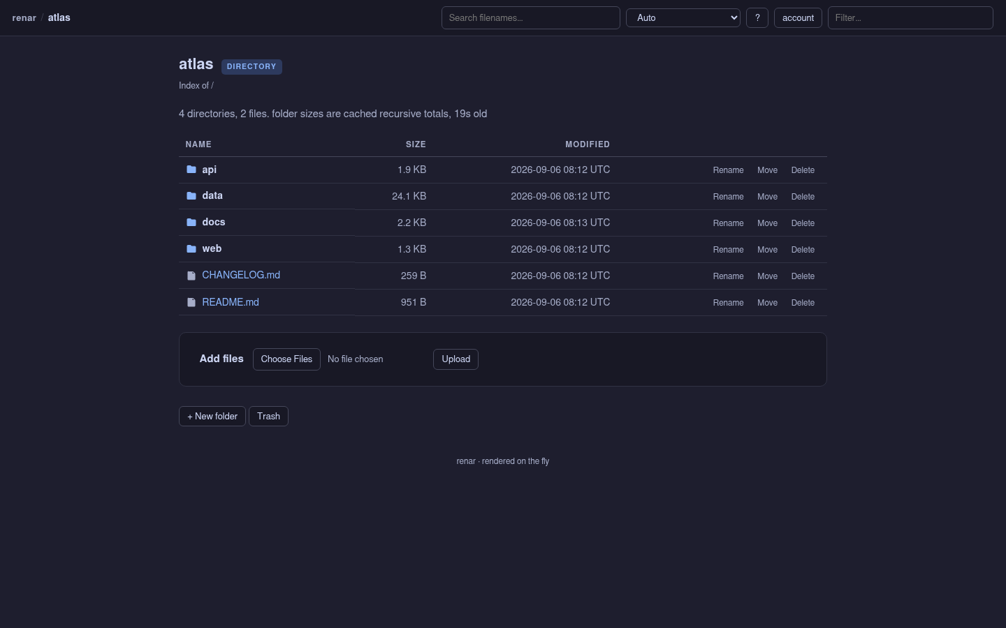 A renar directory listing: breadcrumb, filename search, theme picker, and a table of files with size, modified time, and rename, move and delete actions on each row.