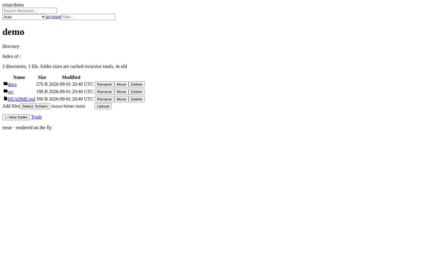 A Renar directory listing page: a large serif 'demo' heading above a plain table of two folders and a readme file, each row carrying rename, move and delete buttons, with an upload row and a trash link beneath.