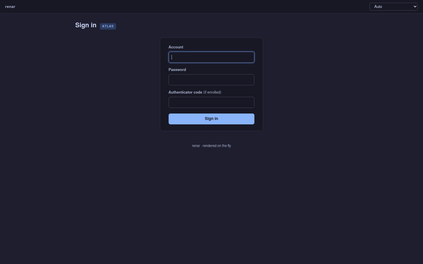 The renar sign-in page: a centred card with account, password and authenticator-code fields and a Sign in button.