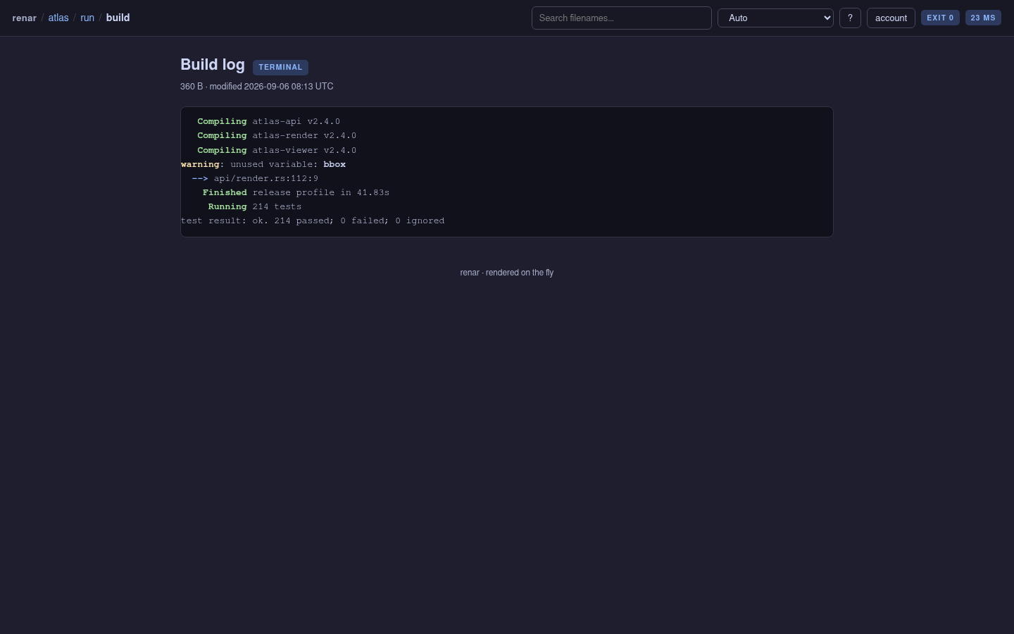 A build log rendered by renar: cargo's own green and yellow ANSI colours preserved as themed text, with an exit-code badge and a timing badge in the top bar.