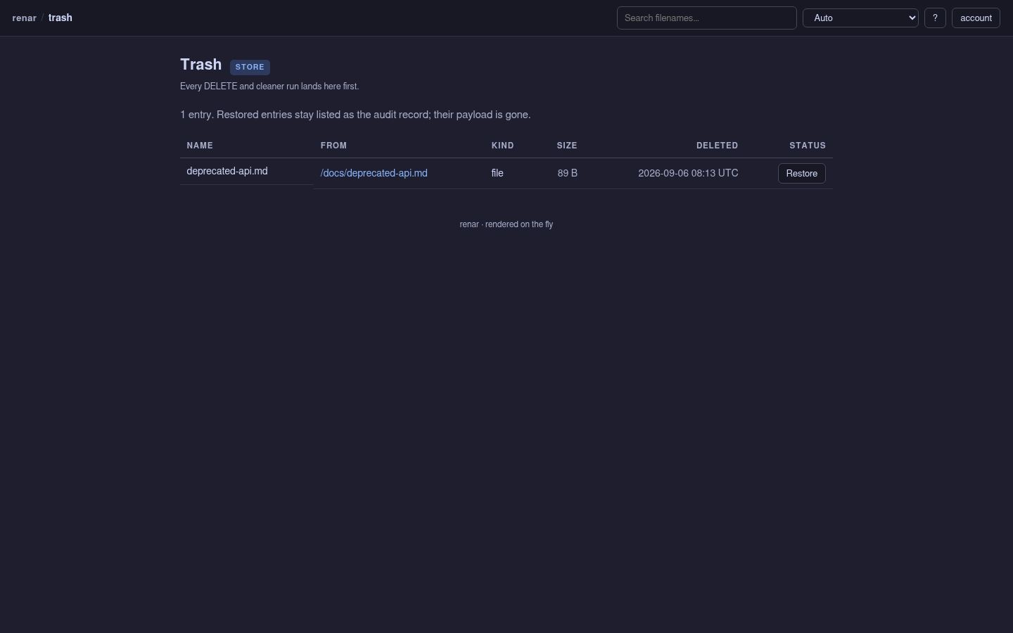 The renar trash drawer listing a deleted file with its original path, size, deletion time and a Restore action.