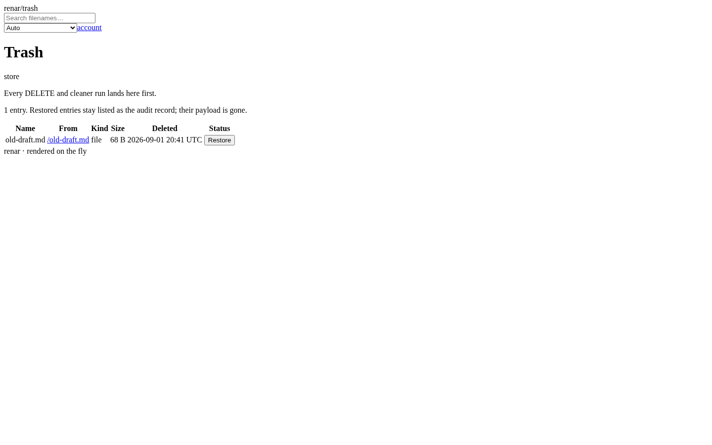 The Renar trash page: deleted files listed with their original locations and restore buttons.